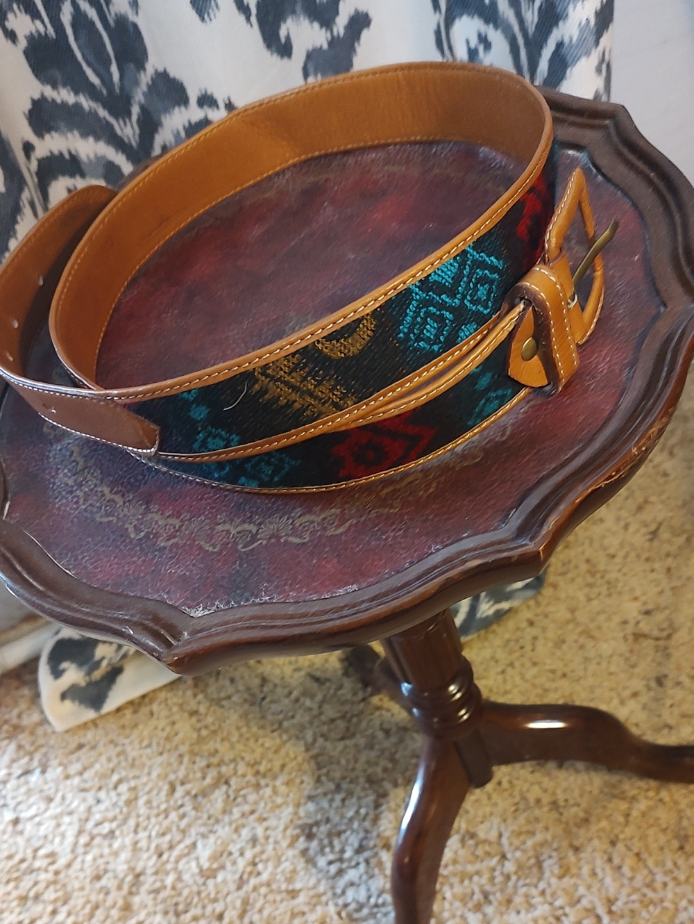Boho Woven Pattern Leather-Trim Belt - Teal & Red